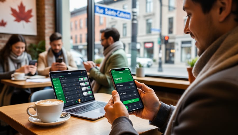 Person using mobile sports betting app on smartphone at cafe table