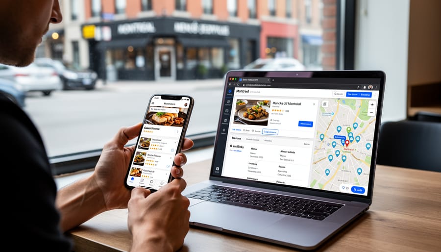 Diners using smartphones to browse restaurant information at Montreal outdoor terrace