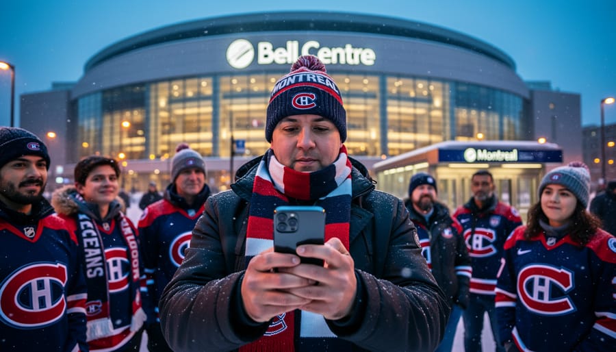 Diverse hockey fans outside a Montreal arena at dusk, with a foreground person holding a smartphone as if placing a bet; cool blue evening light, warm streetlights, light snowfall, and a softly blurred arena facade in the background.