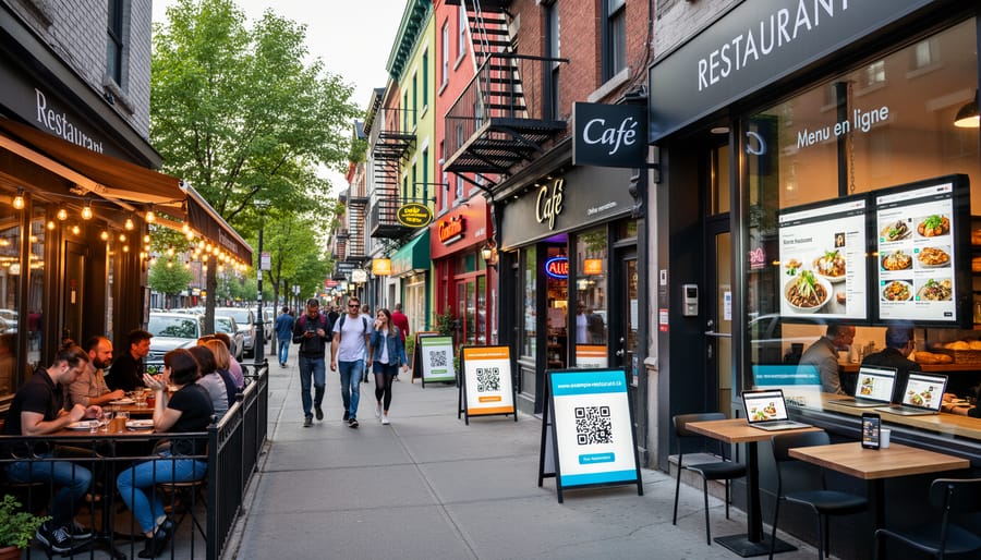 Montreal Plateau neighborhood restaurant storefront with pedestrians on sidewalk