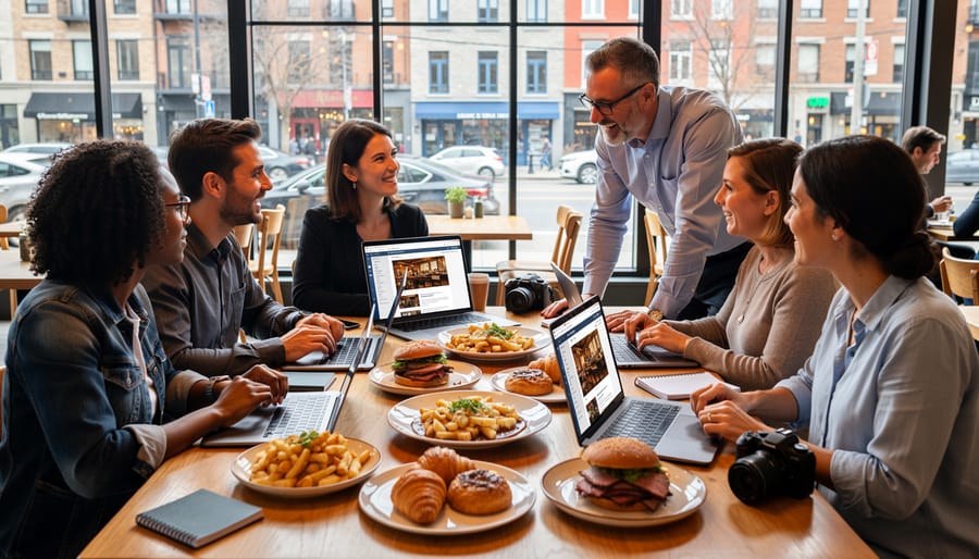 Restaurant owner meeting with food blogger in Montreal café setting