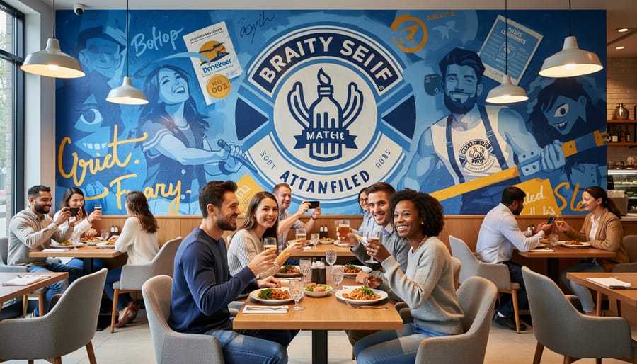 Colorful restaurant mural featuring geometric patterns and Calgary prairie landscape on dining room wall