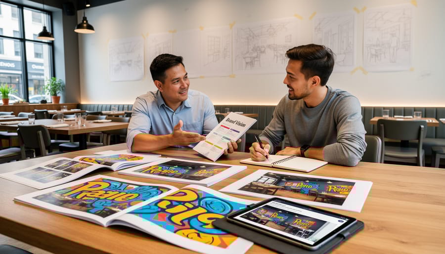 Restaurant owner and mural artist consulting over design plans in front of blank wall