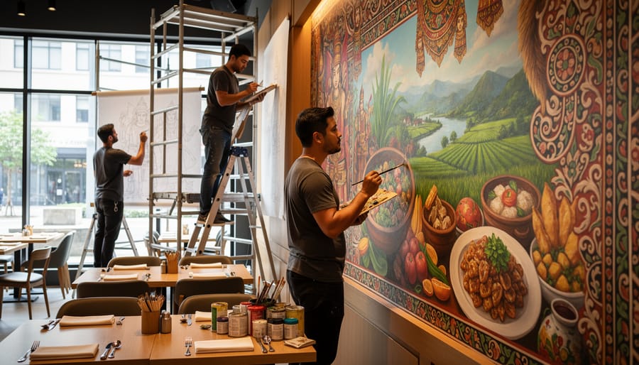 Artist painting Italian streetscape mural on restaurant wall with visible brushwork
