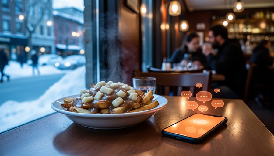 Eye-level view of a Montreal restaurant table with poutine and a softly glowing smartphone, warm interior lighting and a snowy Plateau street blurred beyond the window, diners indistinct in the background.