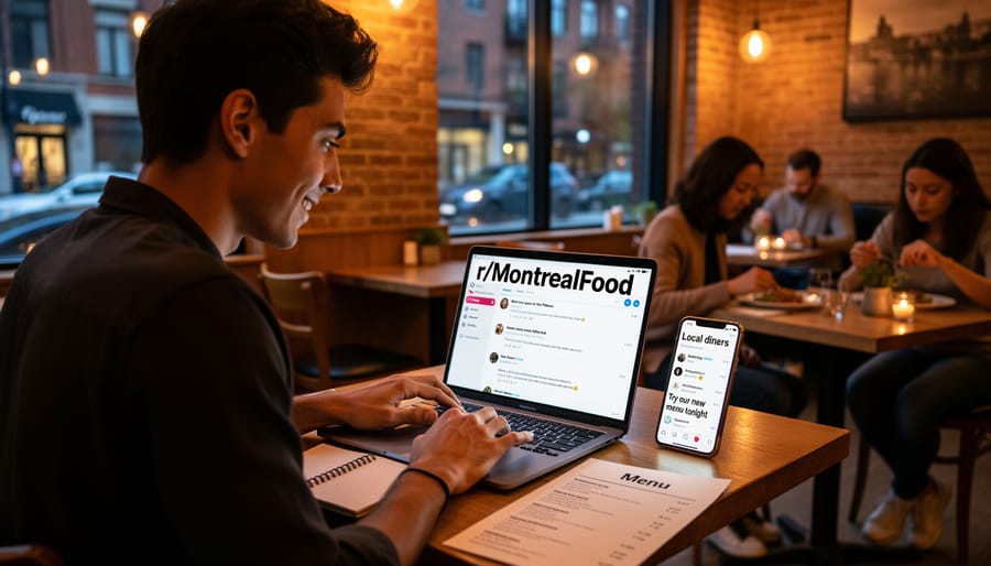 Smartphone displaying Reddit app on restaurant table with coffee