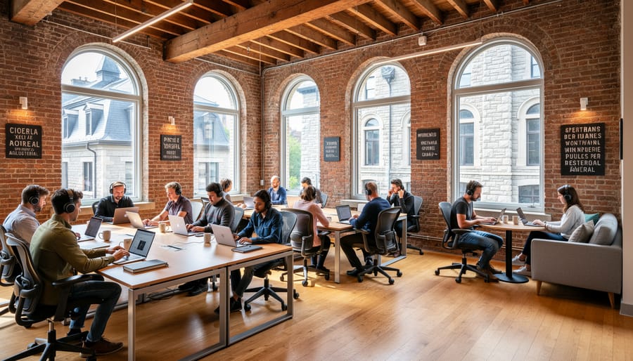 Modern coworking space interior with wooden tables, laptops, and natural lighting in Montreal