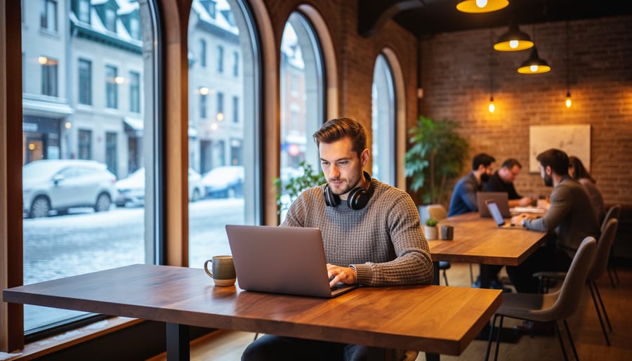 Digital nomad working at a communal table in an Old Montreal coworking space with warm lamps, tall arched windows, and a snowy cobblestone street visible outside; other coworkers softly blurred in the background.