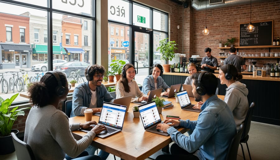 Digital nomads collaborating at café table with laptops and coffee in natural lighting