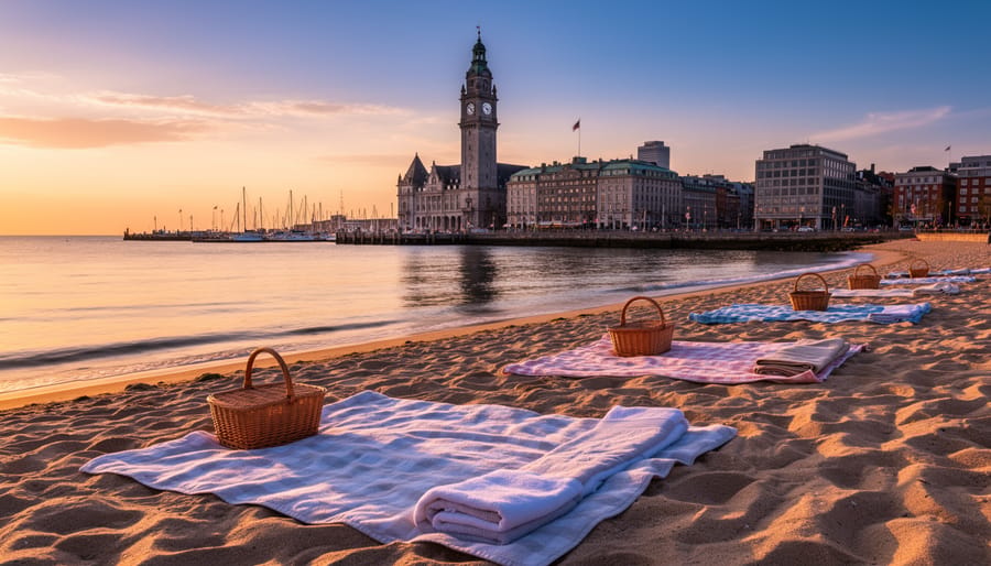 Picnic setup on sand at Clock Tower Beach with Old Port and downtown skyline in the distance