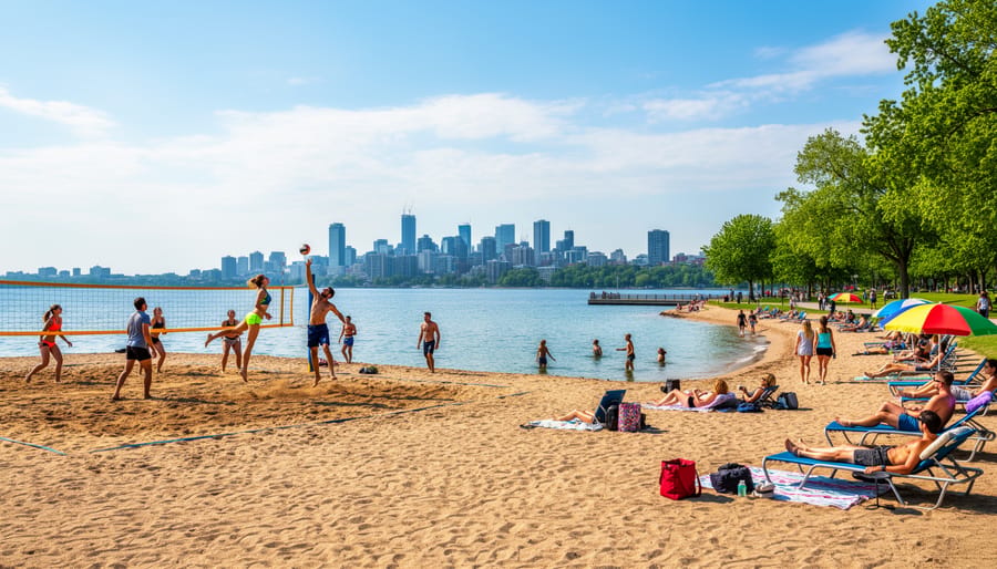 People relaxing and swimming at Jean-Doré Beach on Île Sainte-Hélène with volleyball in the sand