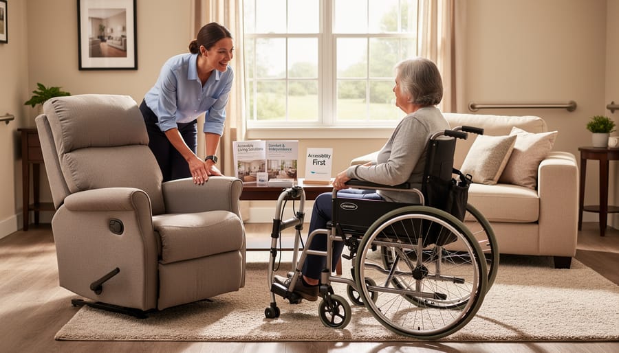 A caregiver and real estate agent talking in an accessible Montreal apartment hallway while guiding a person with a walker.