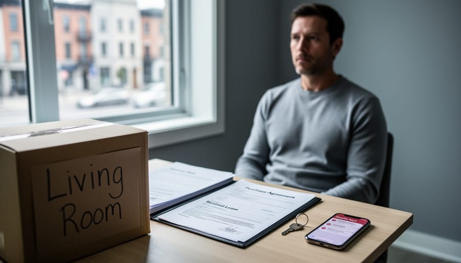 Person at a Montreal home table organizing property documents with a key and packing box nearby under soft natural light.
