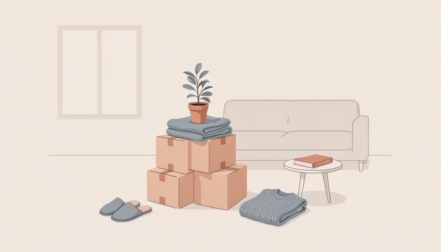 Close-up of packed moving boxes and a duffel bag on a table in a Montreal home, symbolizing a move during illness.