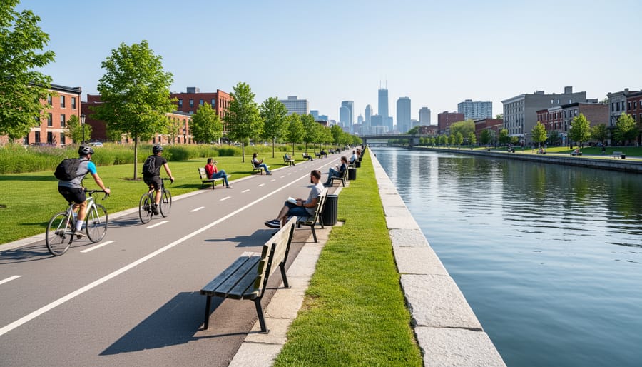 Cyclists riding along the Lachine Canal waterfront path