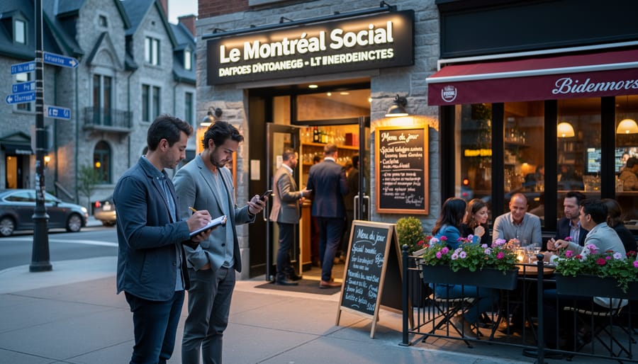 Journalist outdoors near a Montreal venue entrance taking notes in the evening