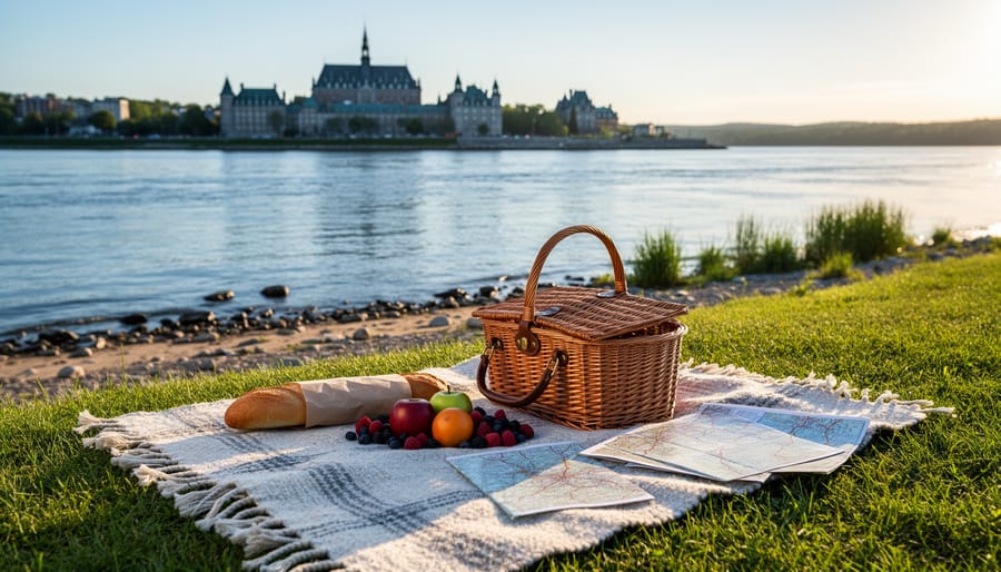 Woven picnic blanket with basket and fresh food on a riverside with summer greenery and distant stone architecture in the background.