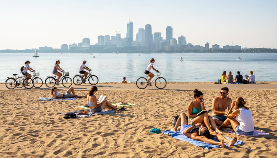 People relaxing on the sand at Parc Jean-Drapeau beach with bicycles nearby