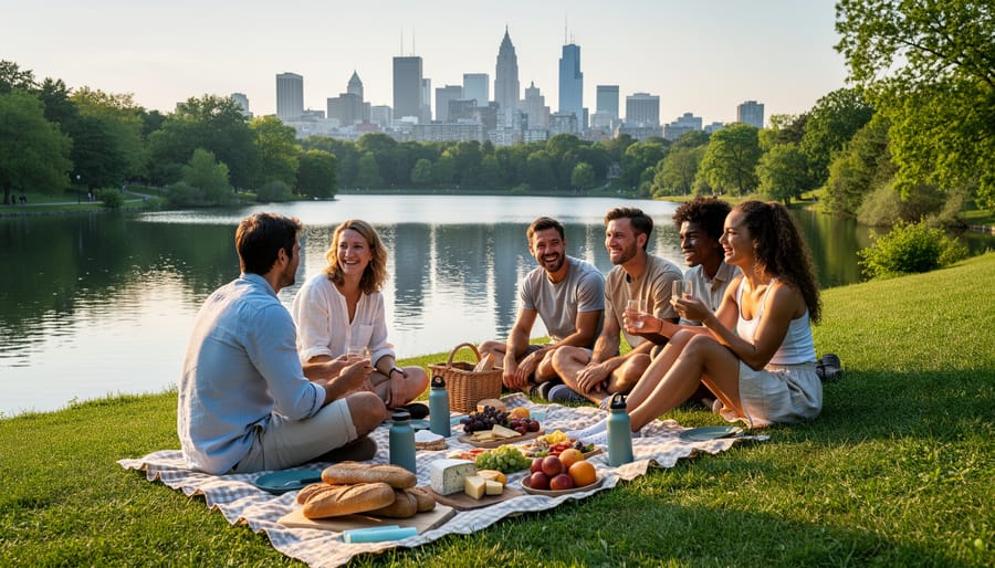 Picnic near Beaver Lake with a distant view of Montreal skyline