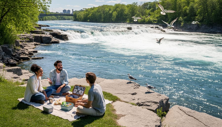 Picnic table overlooking the dramatic rapids at Parc des Rapides
