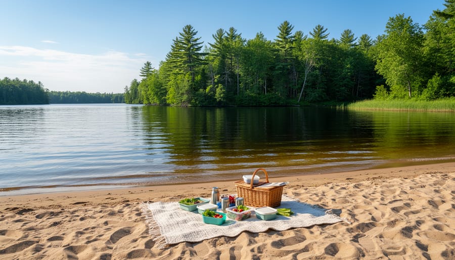 Picnic towel near a lakeside beach at Cap-Saint-Jacques Nature Park with swimmers in the distance