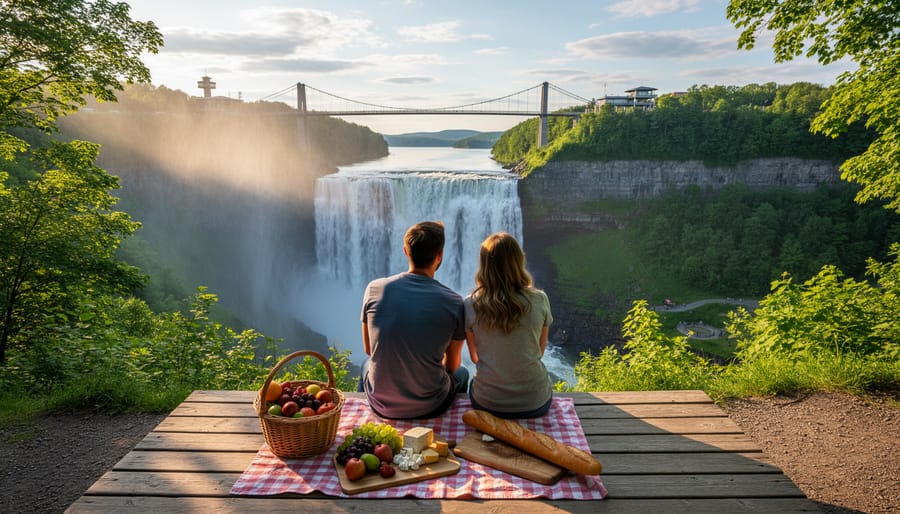 Visitors near the suspension bridge with mist rising from Montmorency Falls