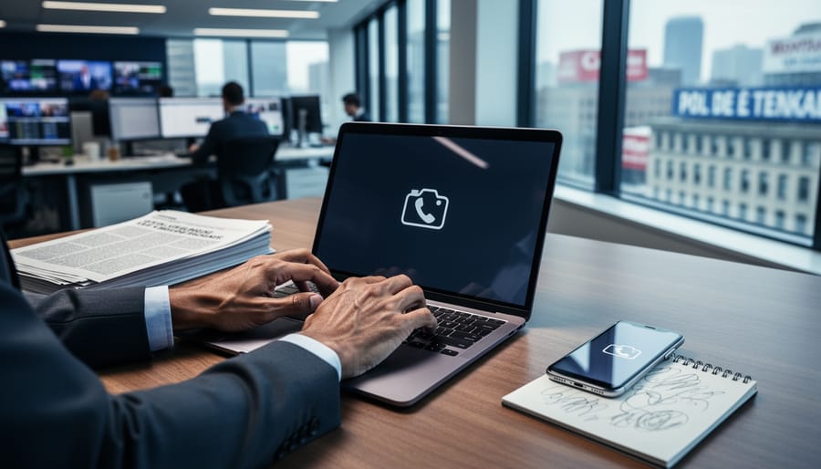 Hands typing at a Montreal newsroom desk with printed articles, a notepad, and a smartphone, symbolizing verified journalism.