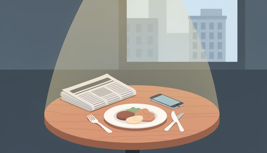 Newspaper and smartphone on a Montreal bistro table beside a meal