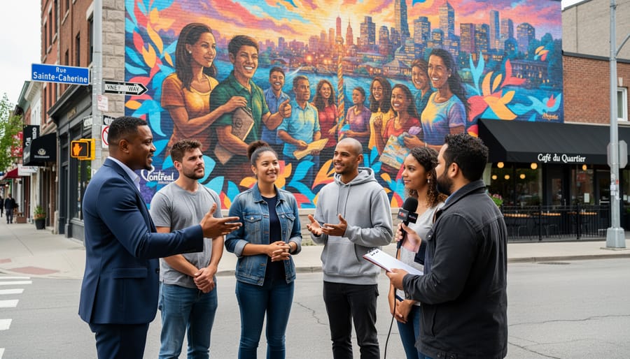 Reporter near a Montreal street mural with artists and pedestrians in the background