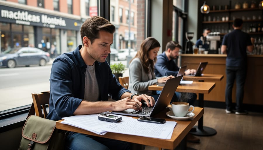 Journalist reviewing notes in a Montreal café with notebook and pen