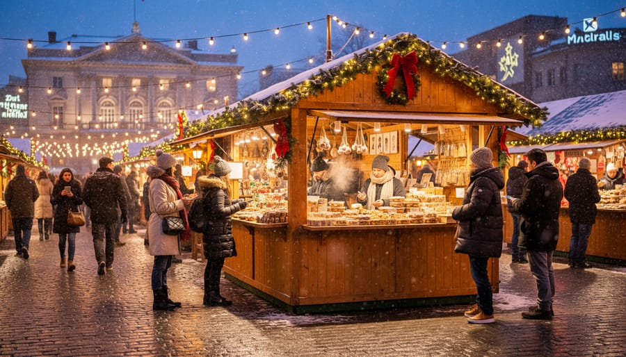 Warmly lit Christmas market stalls with shoppers at night in Montreal