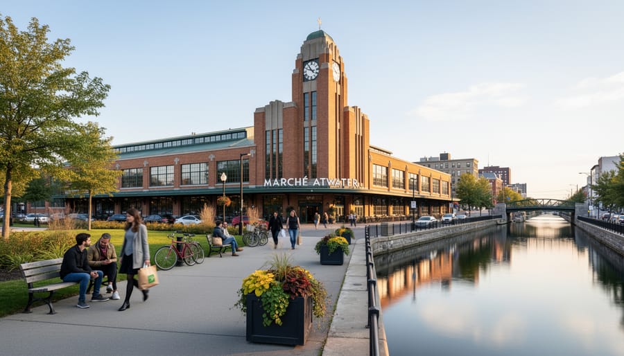 People walking toward Marché Atwater market entrance along Canal Lachine