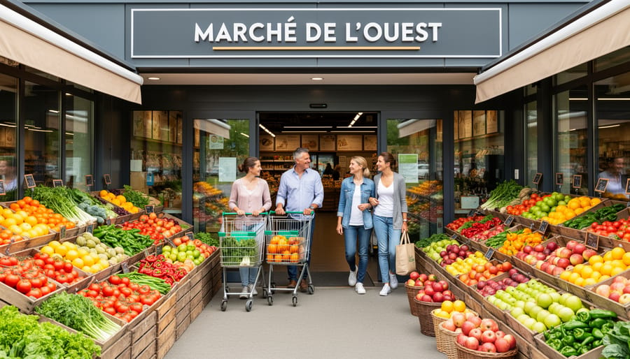 Family browsing produce at Marché de l’Ouest near the market entrance