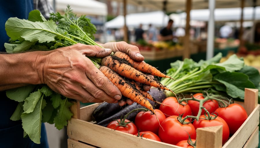 Farmer’s hands preparing vegetables at an organic farmers’ market stall