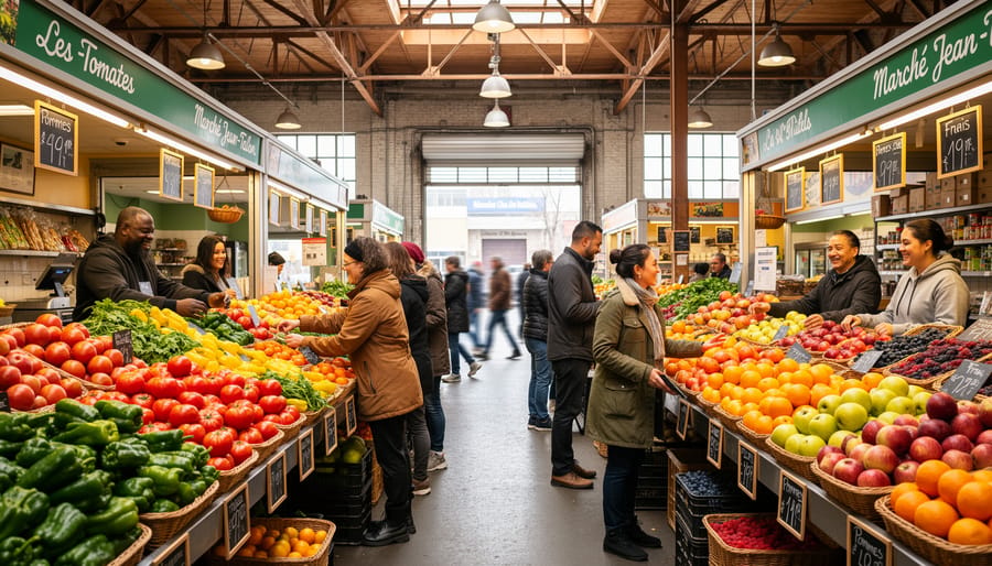 Shoppers and vendors inside Marché Jean-Talon with colorful fresh produce stalls