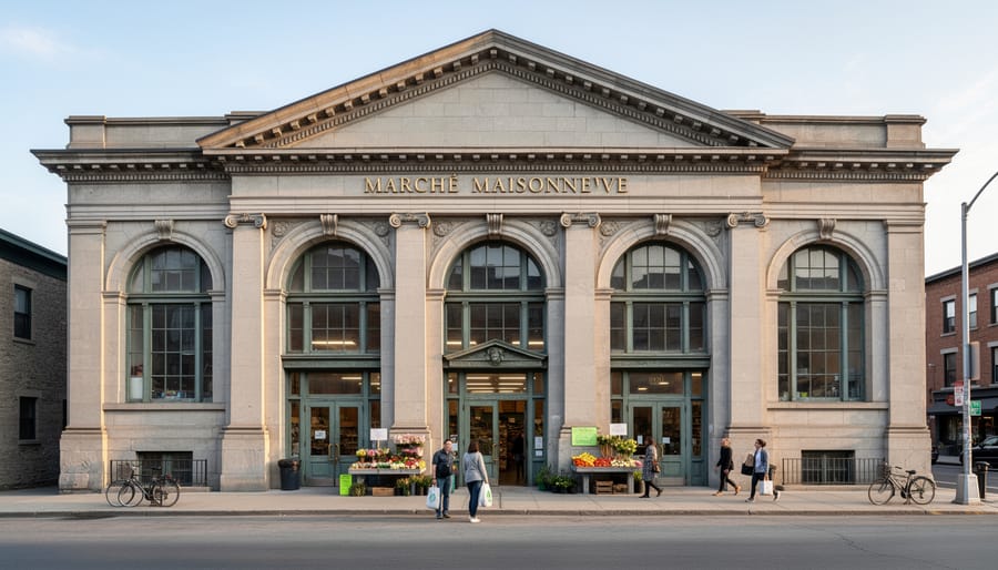 Beaux-Arts entrance of Marché Maisonneuve with locals gathered nearby