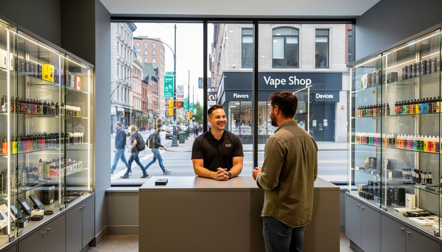 Exterior view of a vape shop storefront on a Montreal shopping street with pedestrians in the background.