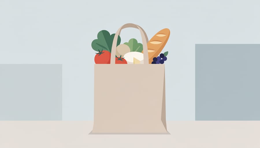 Reusable tote bag filled with fresh fruits, cheese, maple products, and herbs from a Montreal food market
