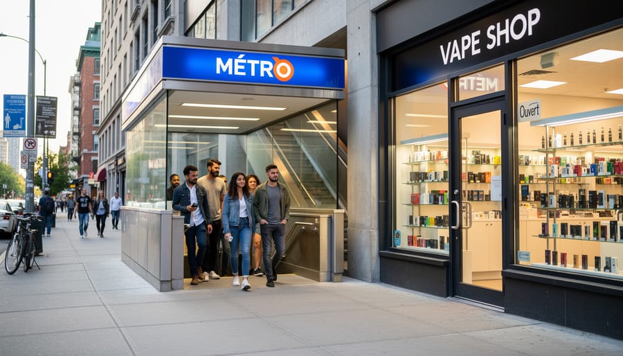 Commuters on a Montreal metro platform with a shopping bag, shown in a wide candid street-photo style.