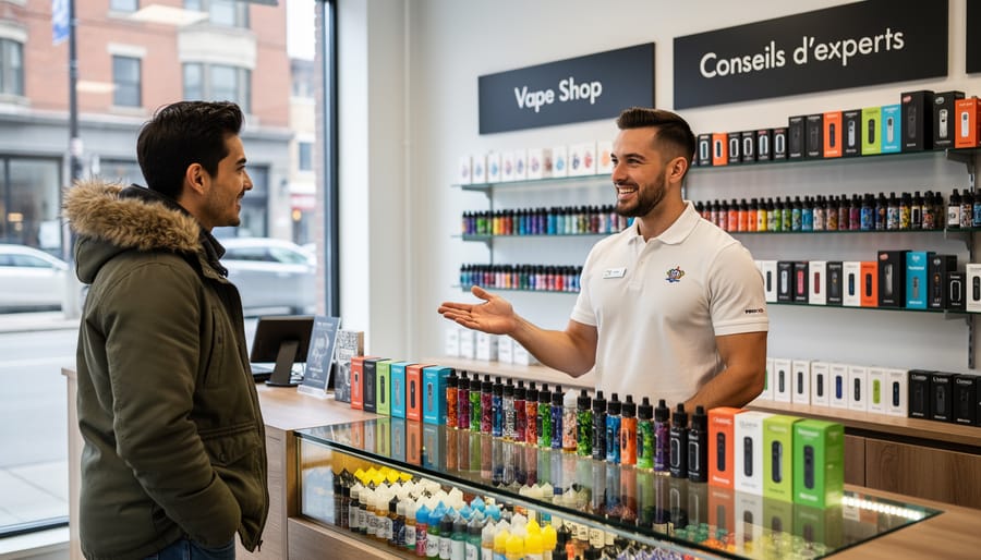 Staff member assisting a customer at the counter in a Montreal vape shop interior.
