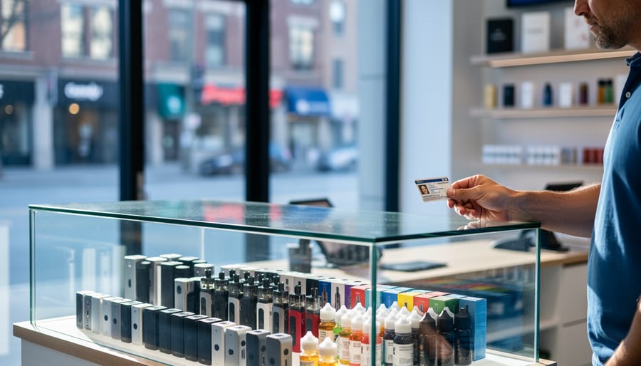 “Inside a Montreal vape shop with a glass display case of vaping products and a customer holding an ID card at the counter.”