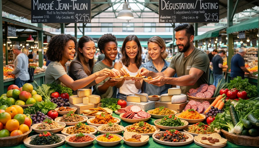 People sampling different international foods at a market counter, with pho, fried chicken, and sandwiches visible