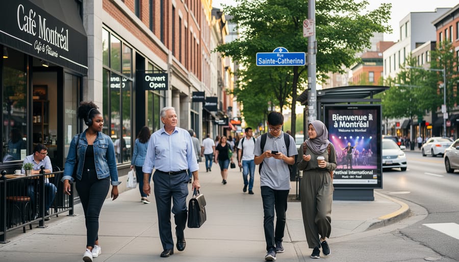 Diverse pedestrians walking along a Montreal street with blurred storefronts and multilingual signage in the background