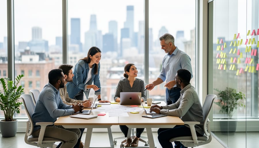 Diverse coworkers collaborating around a table in a modern Montreal office during a meeting